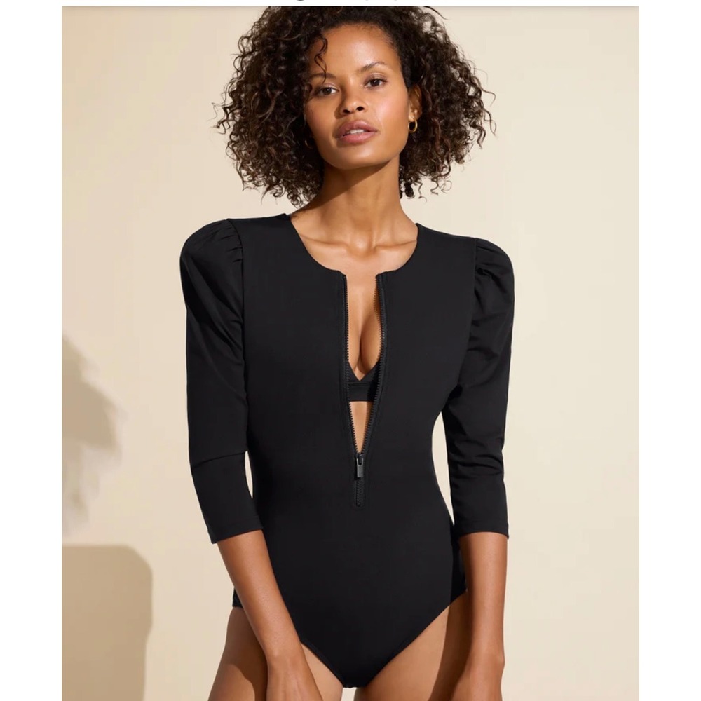 Black Zip-Front Puff Sleeve One-Piece Swimsuit